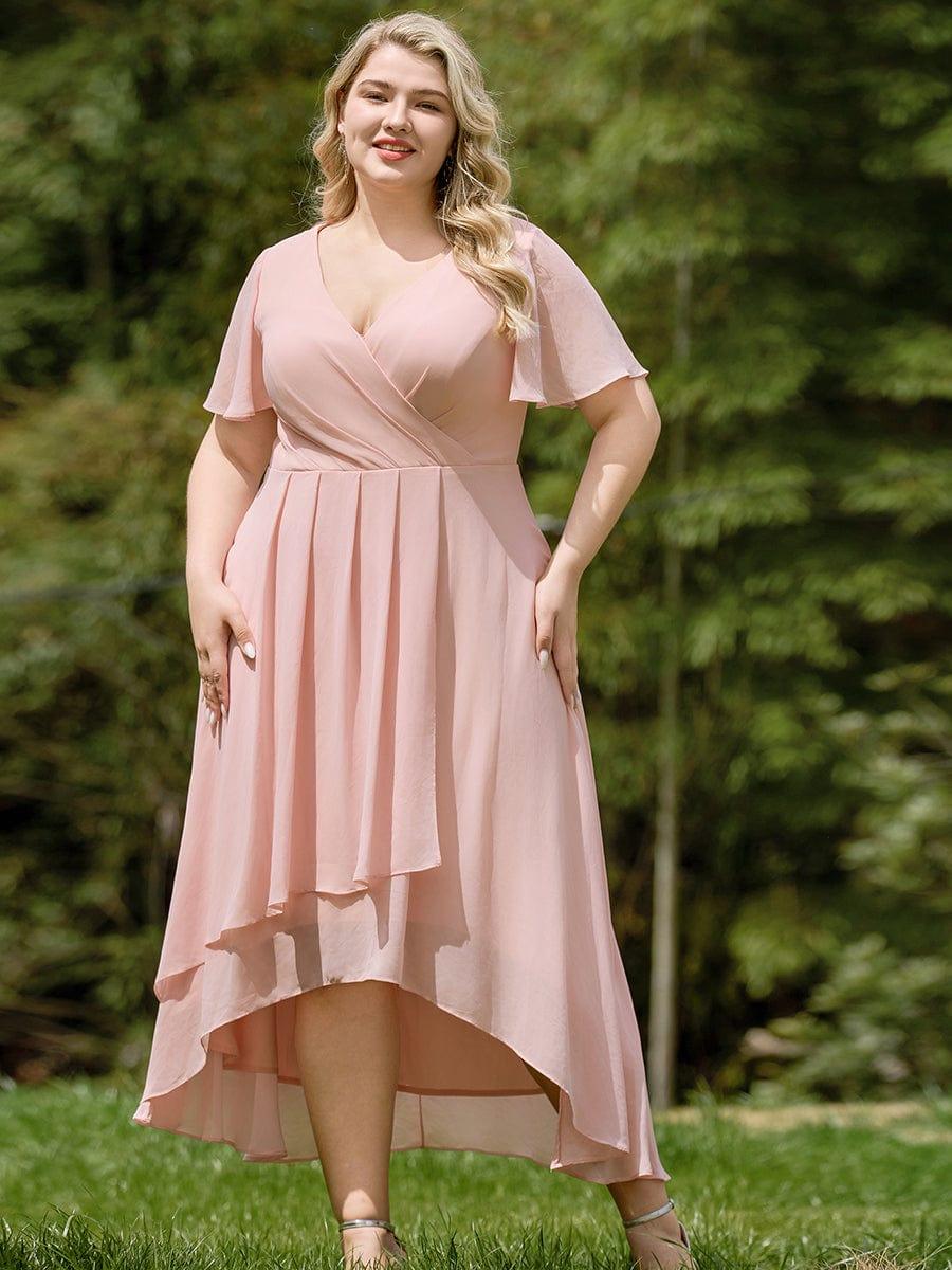 Chiffon Elegance Short Sleeve High-Low Bridesmaid Dress #color_Pink