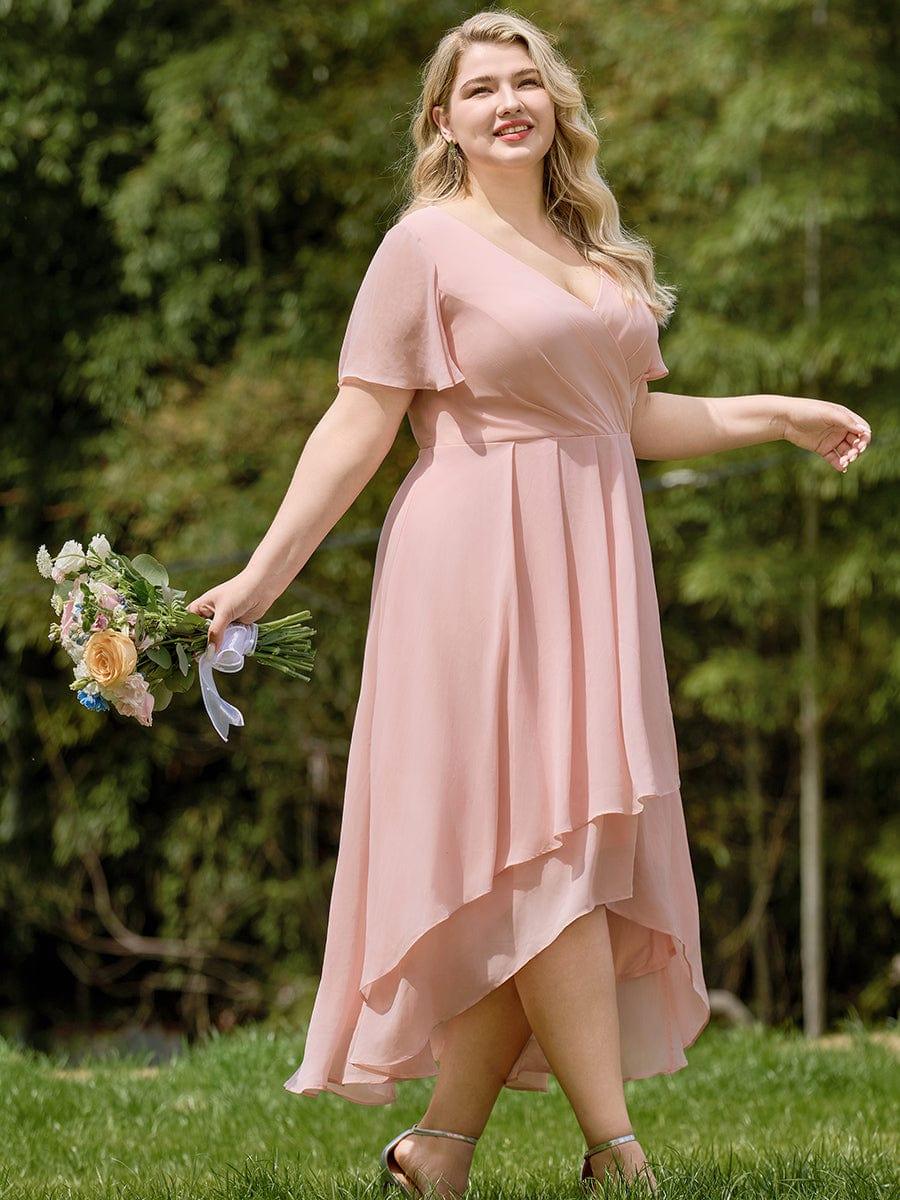 Chiffon Elegance Short Sleeve High-Low Bridesmaid Dress #color_Pink