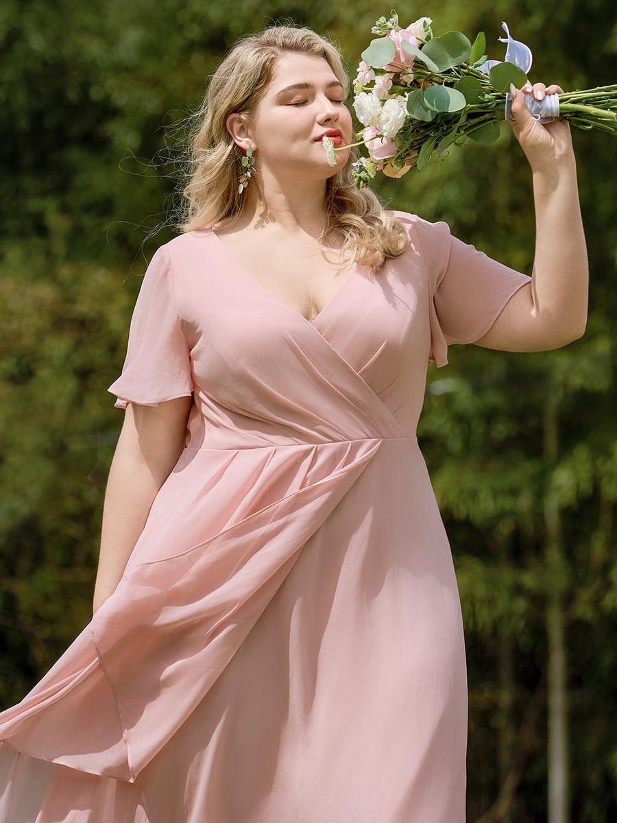 Chiffon Elegance Short Sleeve High-Low Bridesmaid Dress #color_Pink