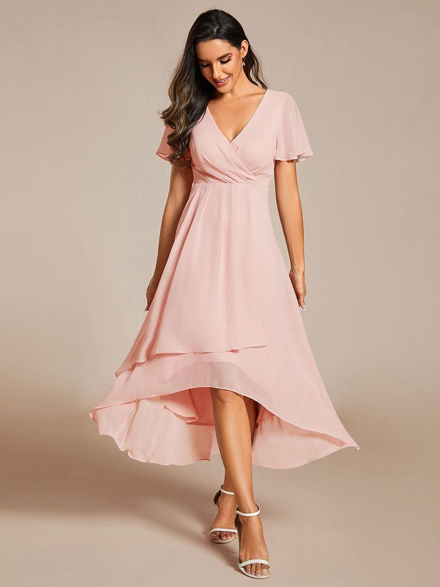 Chiffon Elegance Short Sleeve High-Low Bridesmaid Dress #color_Pink