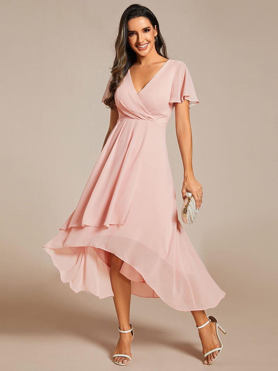 Chiffon Elegance Short Sleeve High-Low Bridesmaid Dress #color_Pink