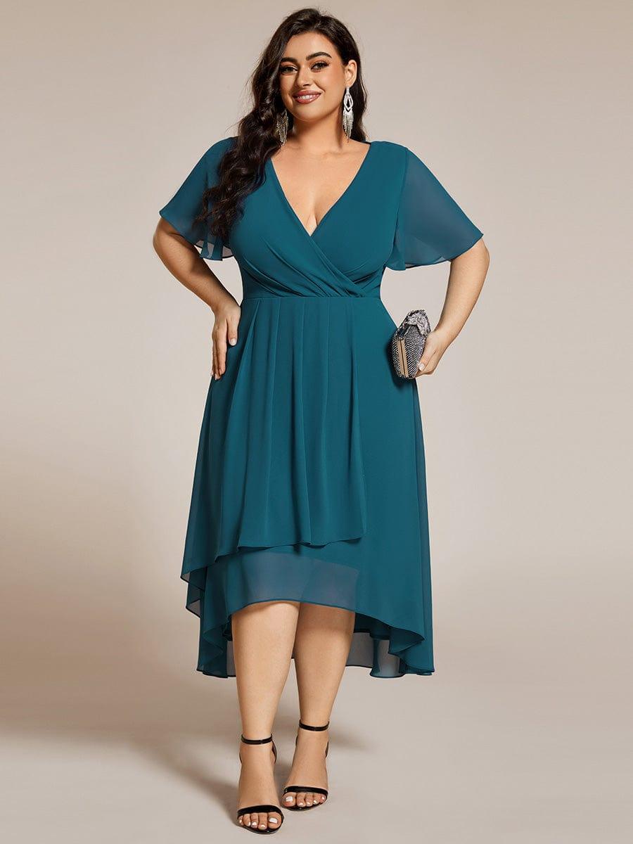 Chiffon Elegance Short Sleeve High-Low Bridesmaid Dress #color_Teal