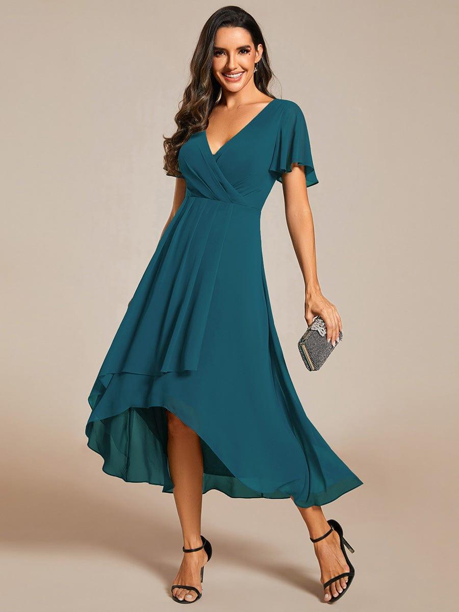 Chiffon Elegance Short Sleeve High-Low Bridesmaid Dress #color_Teal