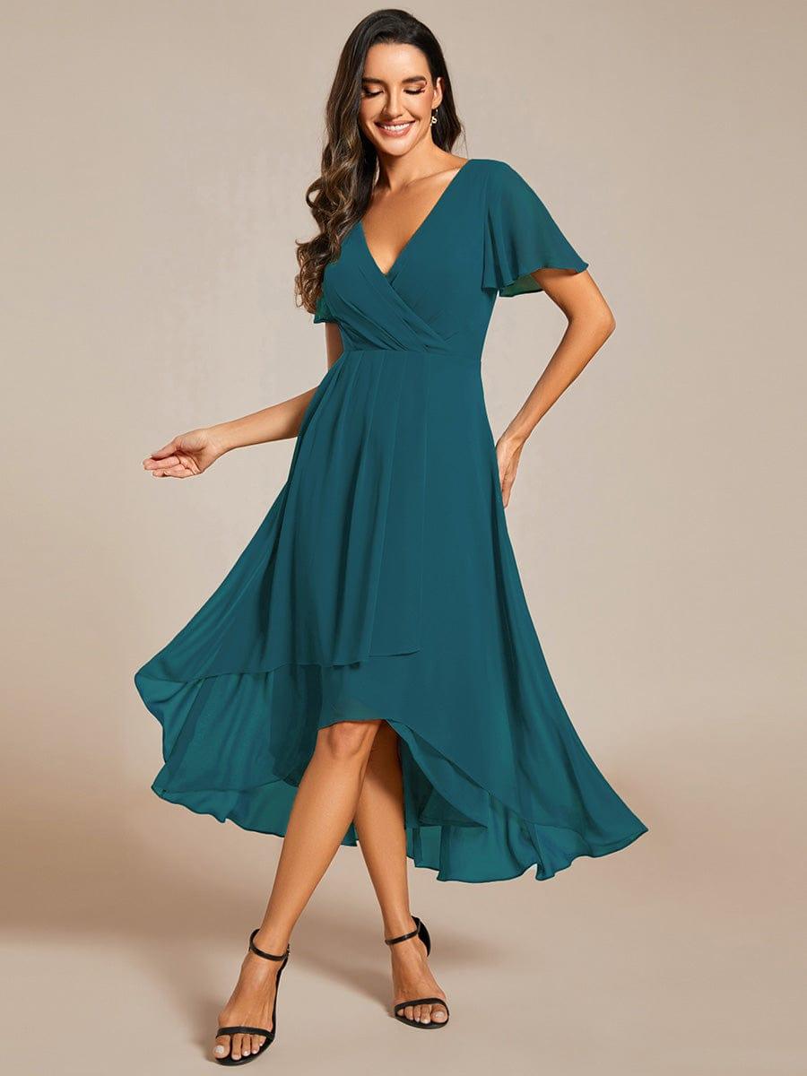 Chiffon Elegance Short Sleeve High-Low Bridesmaid Dress #color_Teal