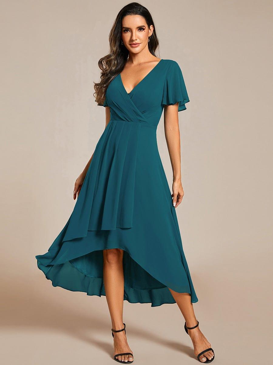Chiffon Elegance Short Sleeve High-Low Bridesmaid Dress #color_Teal