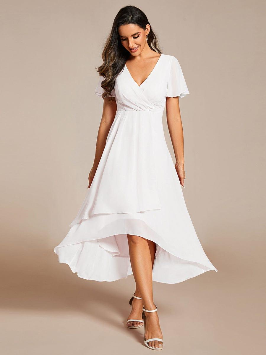 Chiffon Elegance Short Sleeve High-Low Wedding Guest Dress #color_White