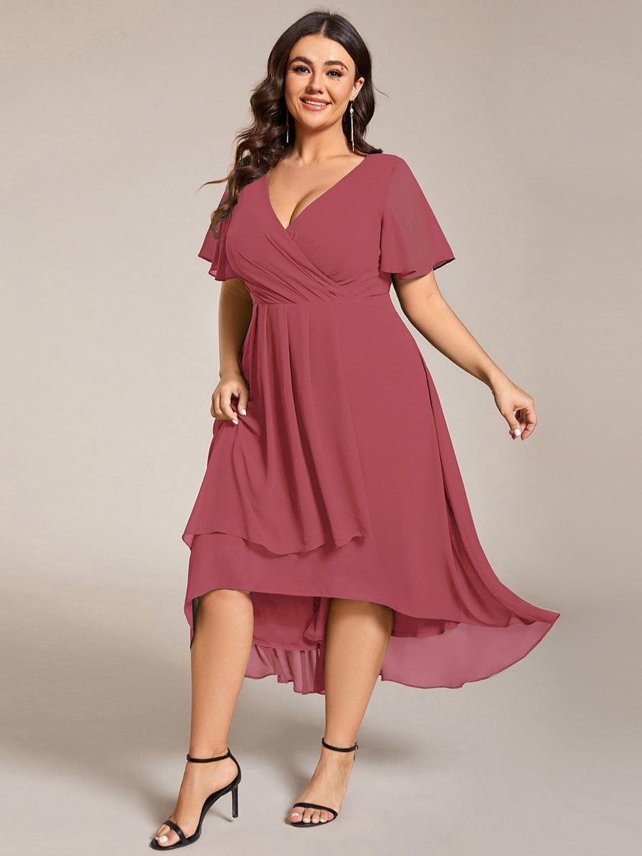 Floral Chiffon Elegance Short Sleeve High-Low Wedding Guest Dress #color_Cameo Brown