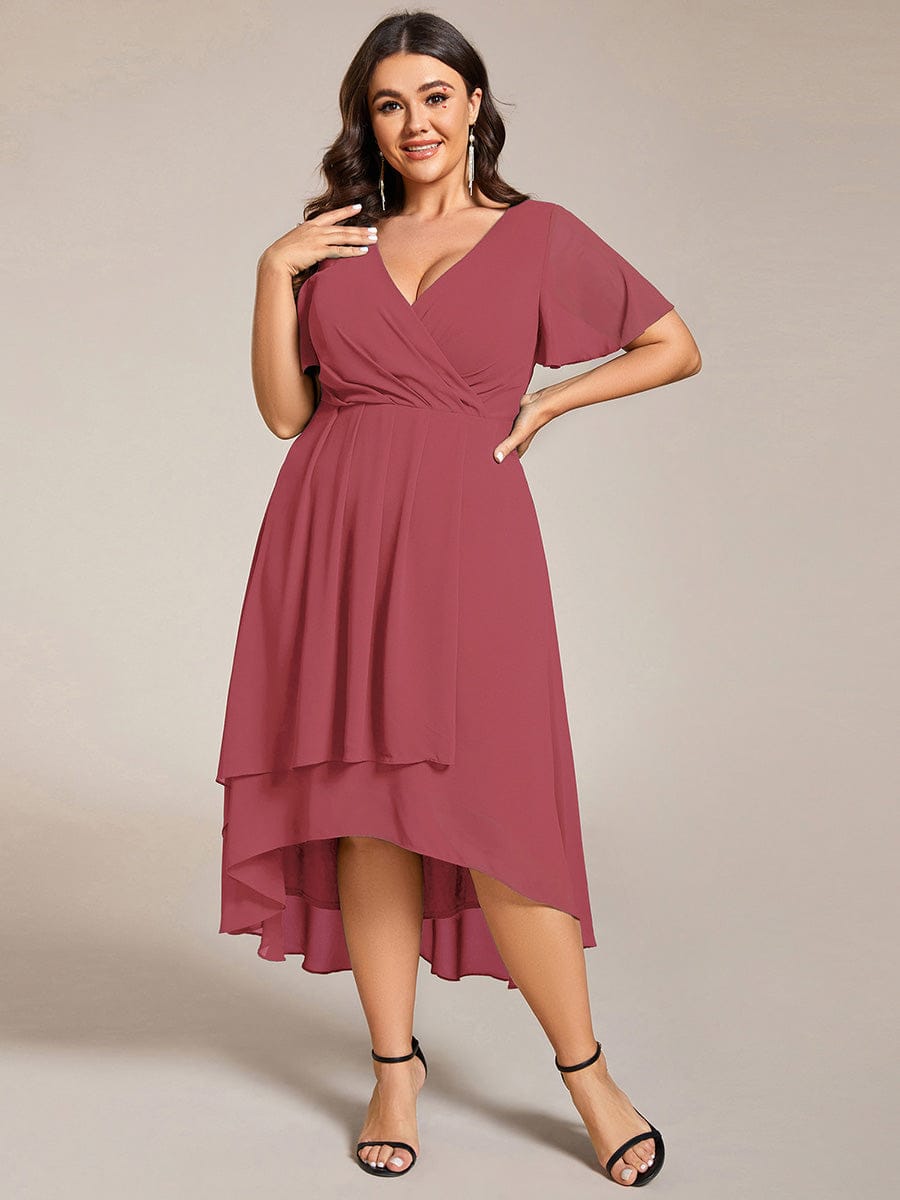Floral Chiffon Elegance Short Sleeve High-Low Wedding Guest Dress #color_Cameo Brown