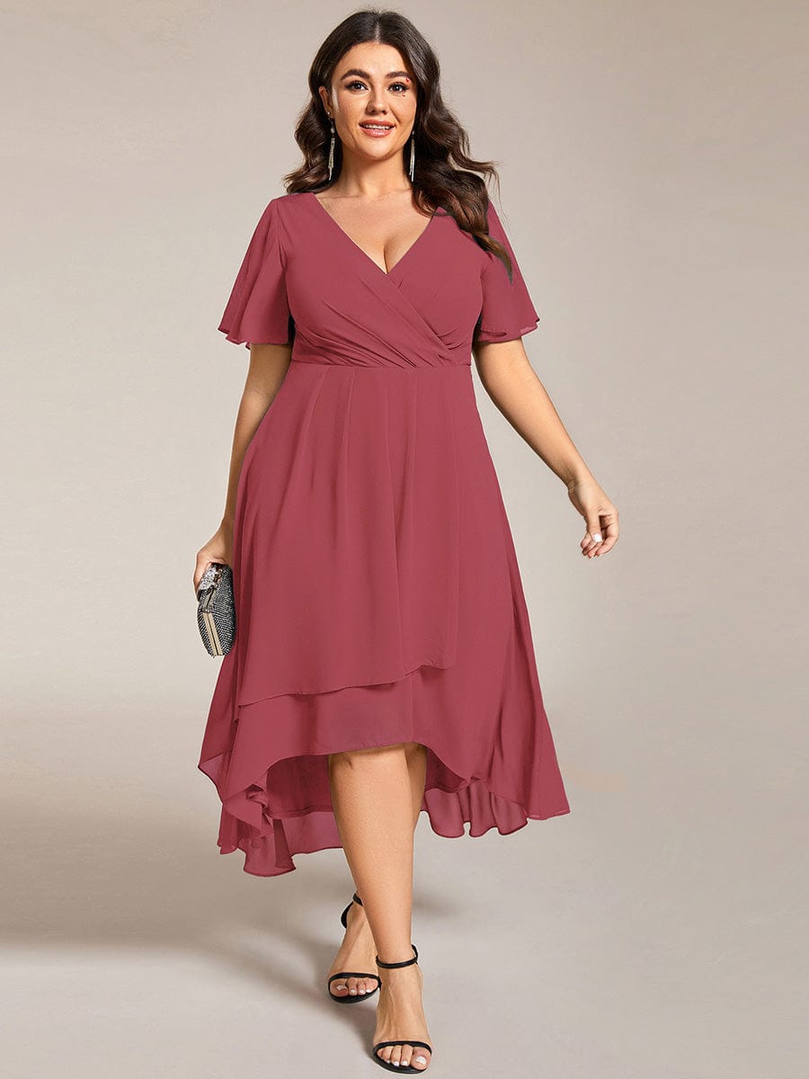 Floral Chiffon Elegance Short Sleeve High-Low Wedding Guest Dress #color_Cameo Brown