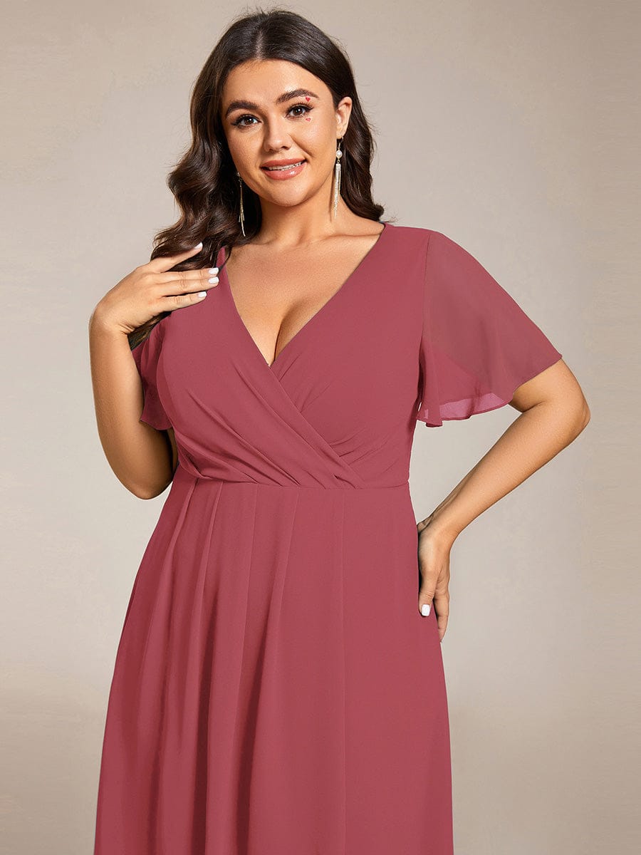 Floral Chiffon Elegance Short Sleeve High-Low Wedding Guest Dress #color_Cameo Brown