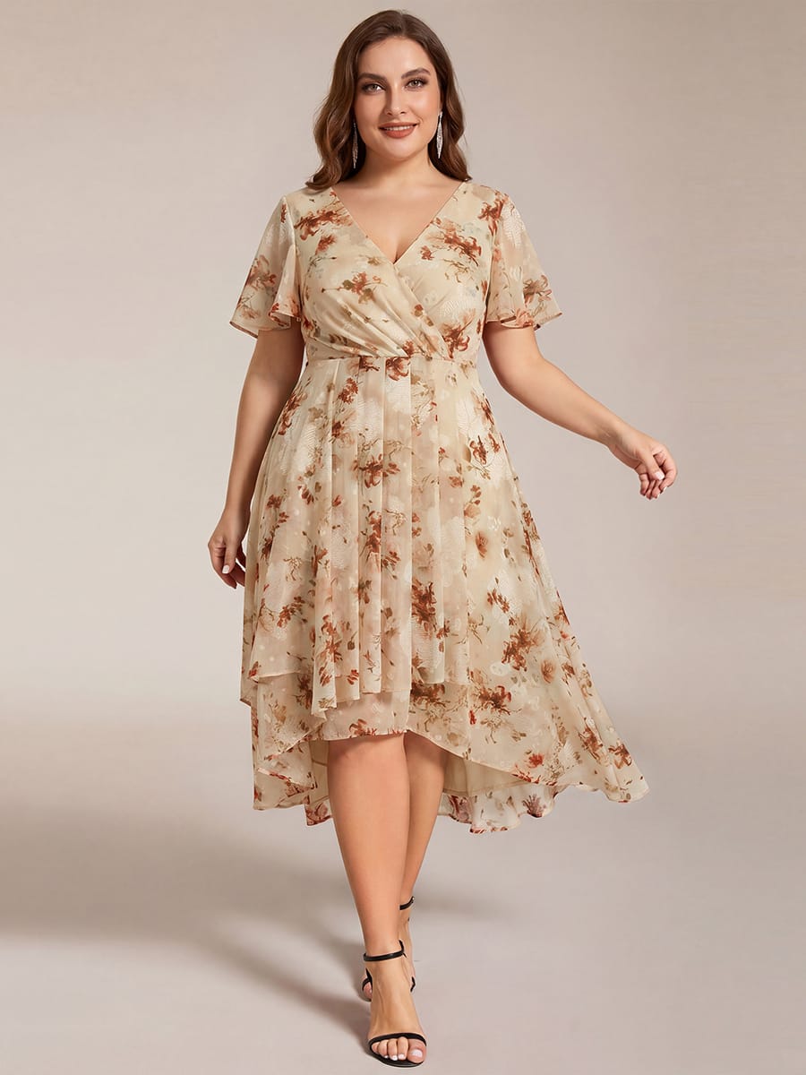 Floral Chiffon Elegance Short Sleeve High-Low Wedding Guest Dress #color_Champagne Print