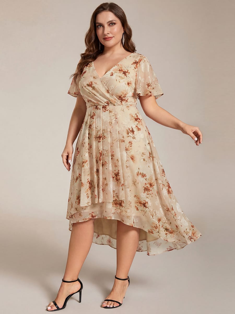 Floral Chiffon Elegance Short Sleeve High-Low Wedding Guest Dress #color_Champagne Print