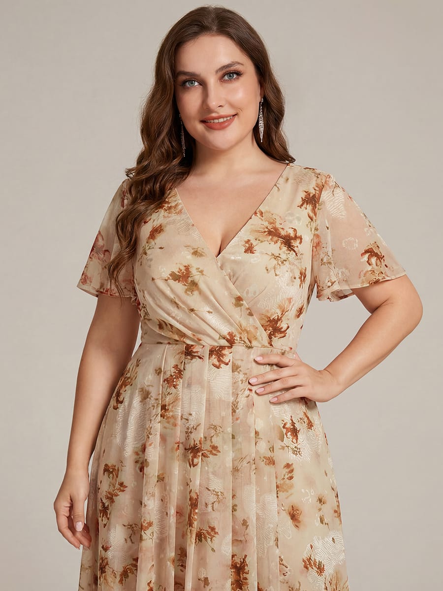 Floral Chiffon Elegance Short Sleeve High-Low Wedding Guest Dress #color_Champagne Print