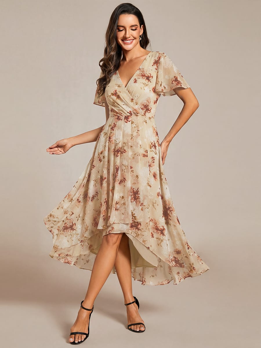 Floral Chiffon Elegance Short Sleeve High-Low Wedding Guest Dress #color_Champagne Print