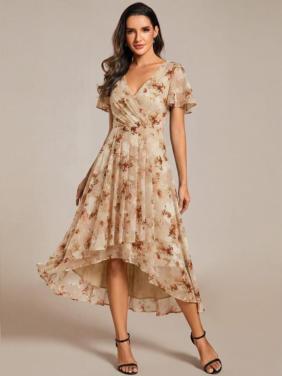 Floral Chiffon Elegance Short Sleeve High-Low Wedding Guest Dress #color_Champagne Print