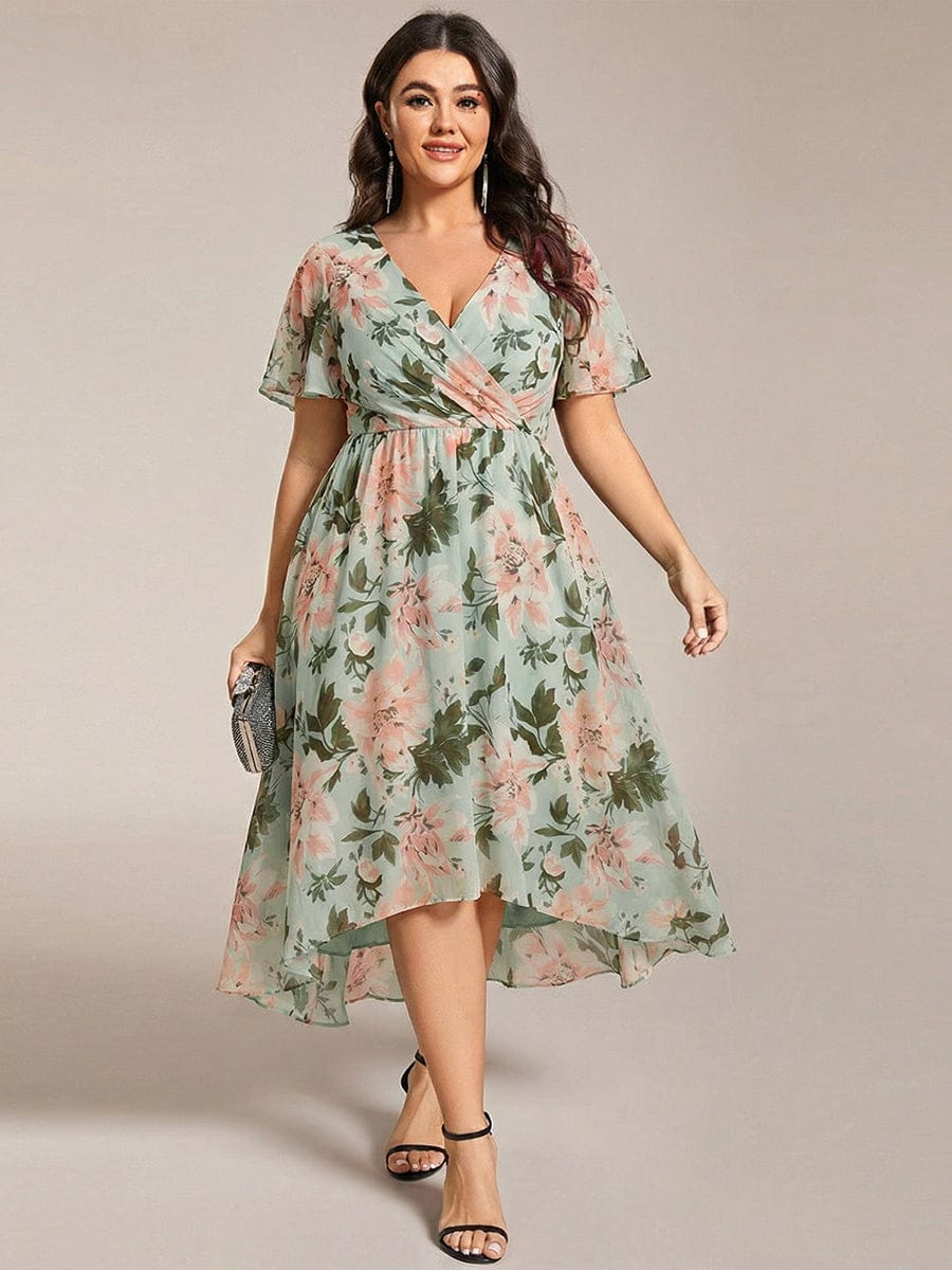 Chiffon Elegance Short Sleeve High-Low Dress In Pink #color_Light Green Floral