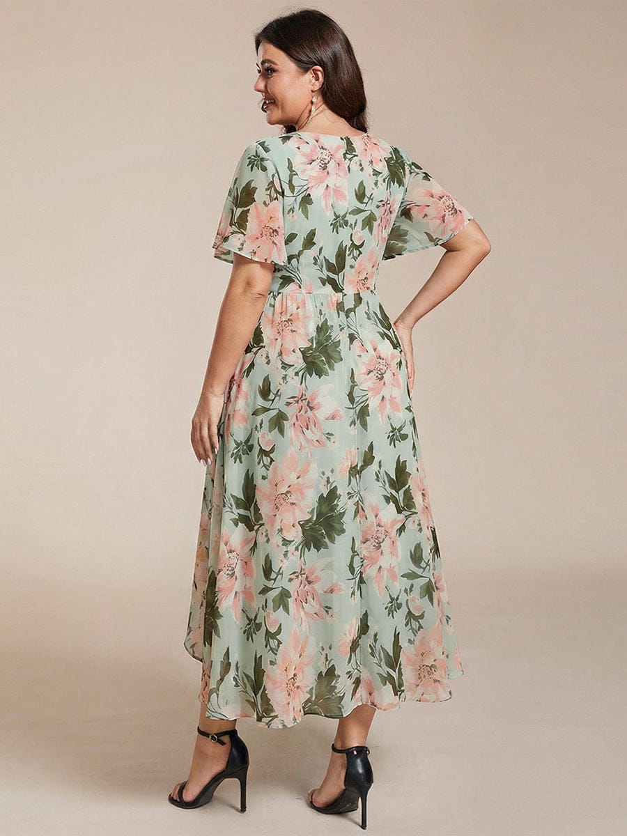 Chiffon Elegance Short Sleeve High-Low Dress In Pink #color_Light Green Floral