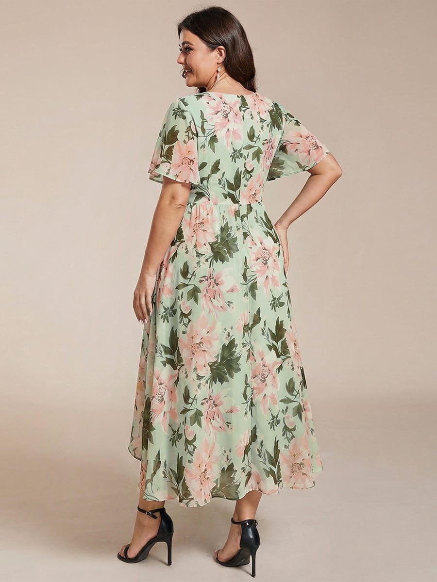 Floral Chiffon Elegance Short Sleeve High-Low Wedding Guest Dress #color_Light Green Floral