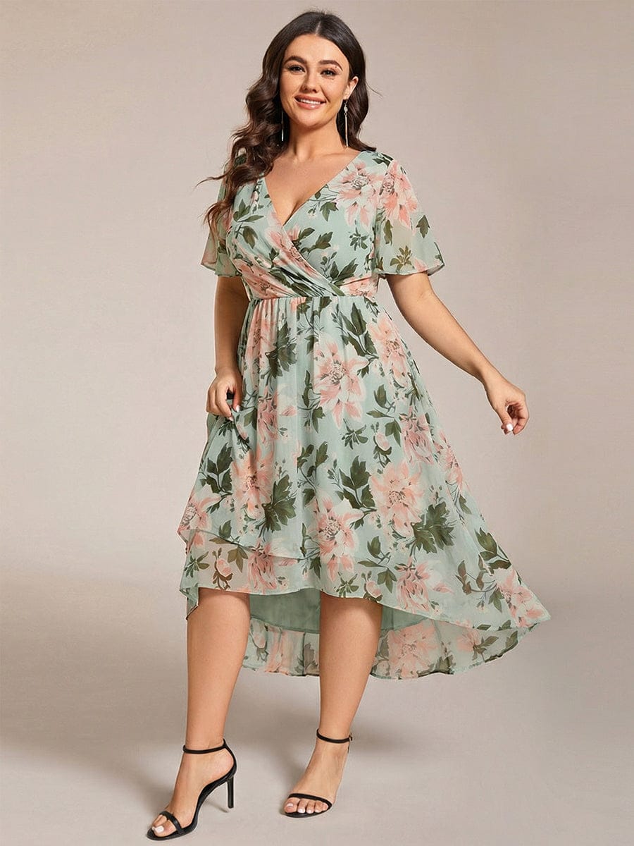 Chiffon Elegance Short Sleeve High-Low Dress In Pink #color_Light Green Floral