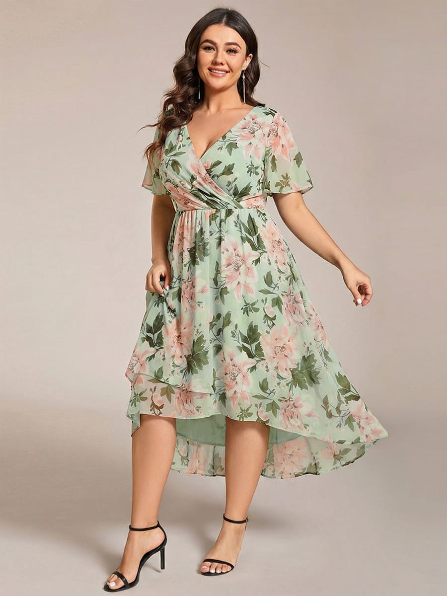 Floral Chiffon Elegance Short Sleeve High-Low Wedding Guest Dress #color_Light Green Floral