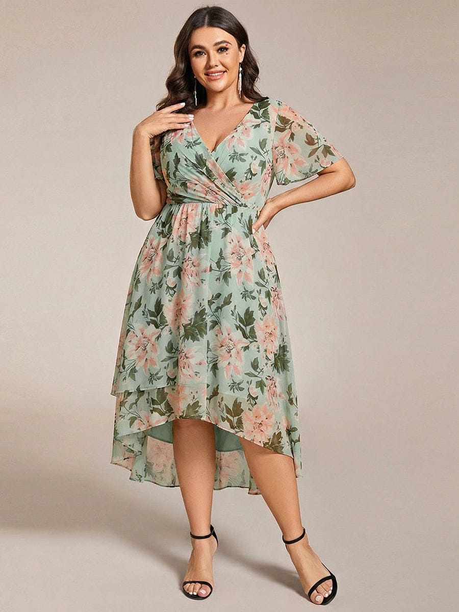 Chiffon Elegance Short Sleeve High-Low Dress In Pink #color_Light Green Floral