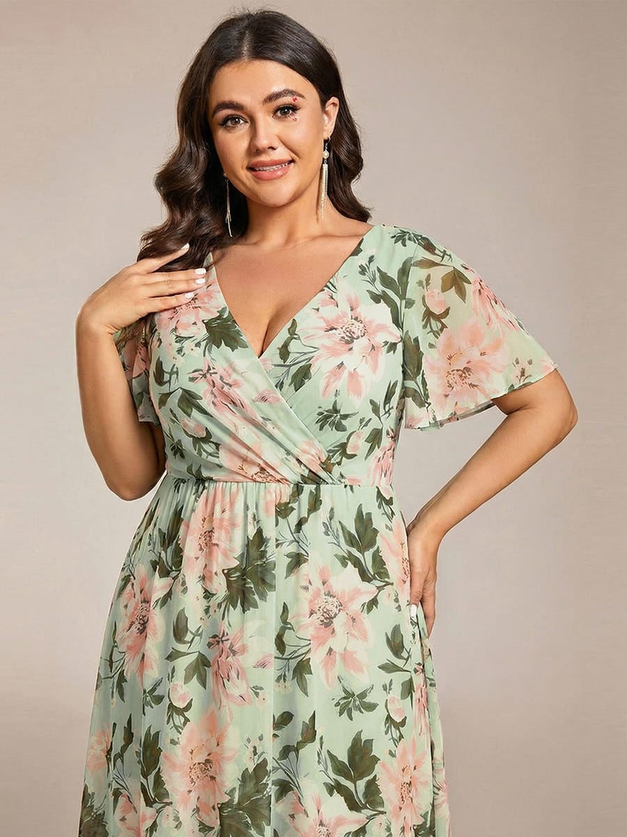 Chiffon Elegance Short Sleeve High-Low Bridesmaid Dress #color_Light Green Floral