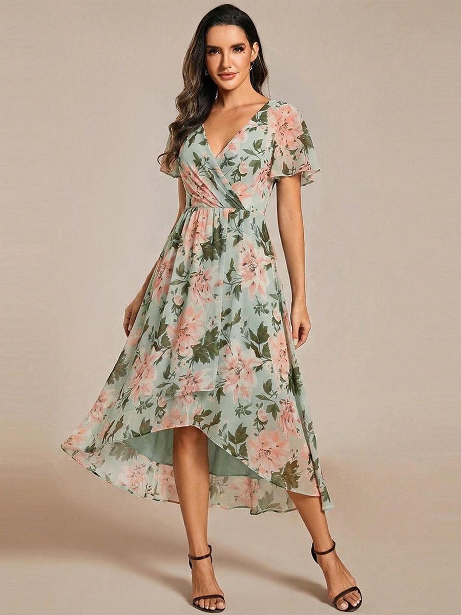 Chiffon Elegance Short Sleeve High-Low Dress In Pink #color_Light Green Floral