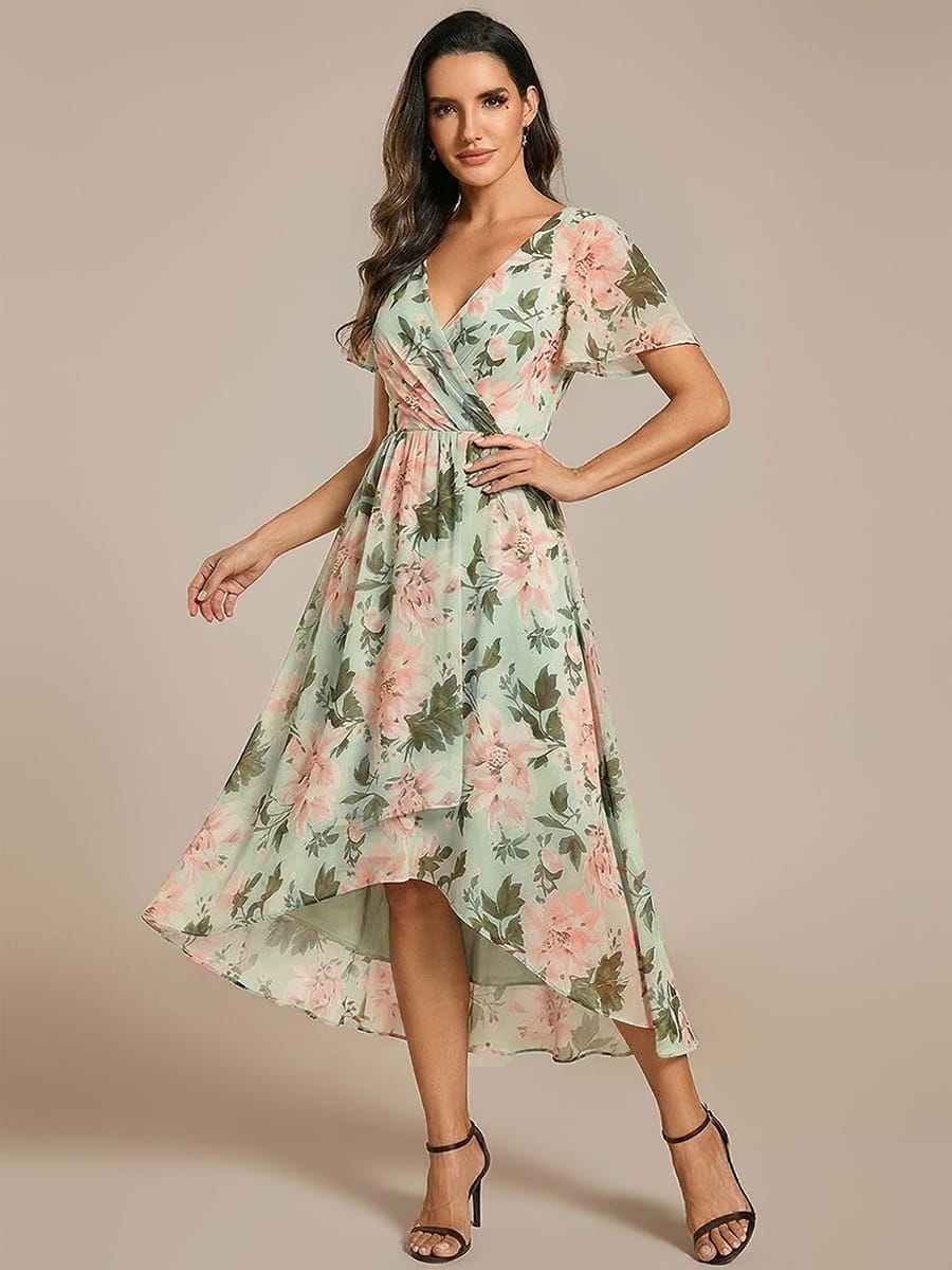 Floral Chiffon Elegance Short Sleeve High-Low Wedding Guest Dress #color_Light Green Floral
