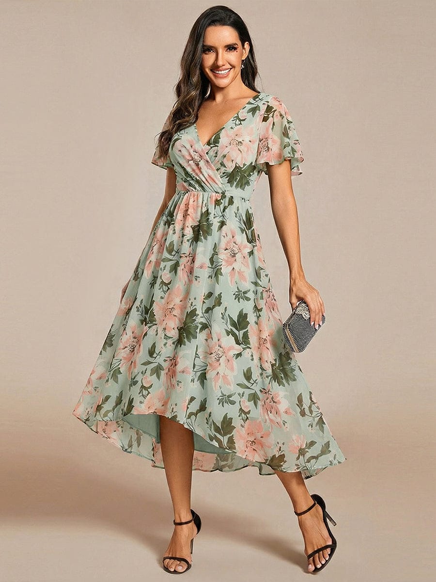 Chiffon Elegance Short Sleeve High-Low Dress In Pink #color_Light Green Floral