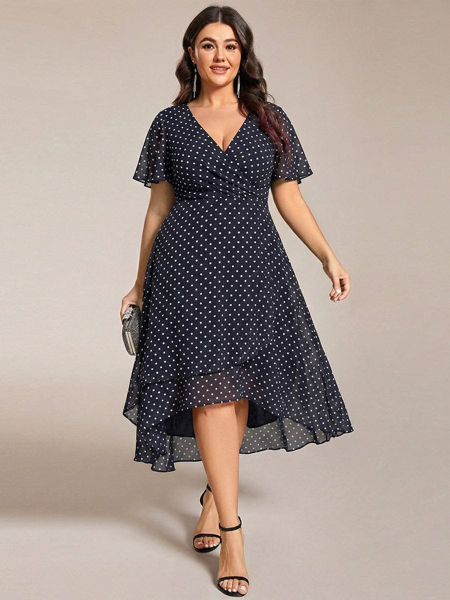 Floral Chiffon Elegance Short Sleeve High-Low Wedding Guest Dress #color_Navy Blue Polka Dots