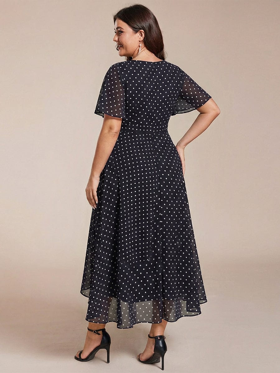 Floral Chiffon Elegance Short Sleeve High-Low Wedding Guest Dress #color_Navy Blue Polka Dots