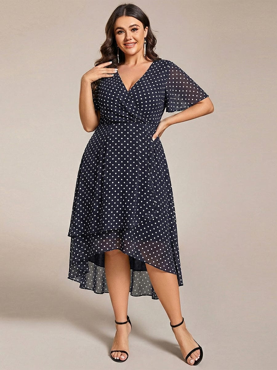 Floral Chiffon Elegance Short Sleeve High-Low Wedding Guest Dress #color_Navy Blue Polka Dots