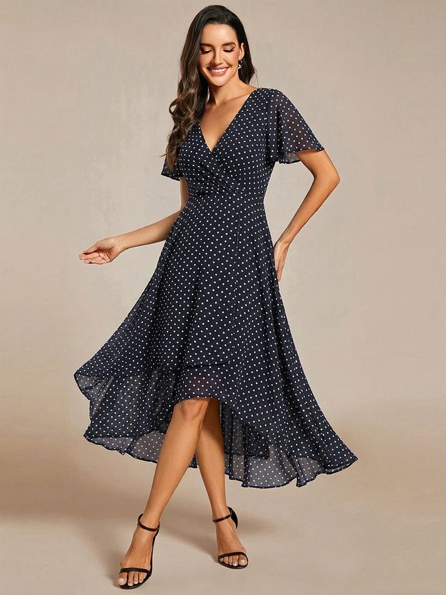 Floral Chiffon Elegance Short Sleeve High-Low Wedding Guest Dress #color_Navy Blue Polka Dots