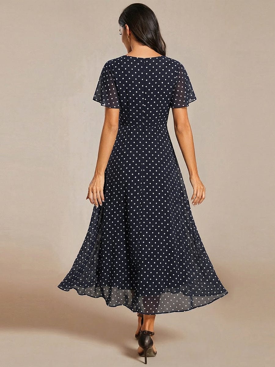Floral Chiffon Elegance Short Sleeve High-Low Wedding Guest Dress #color_Navy Blue Polka Dots
