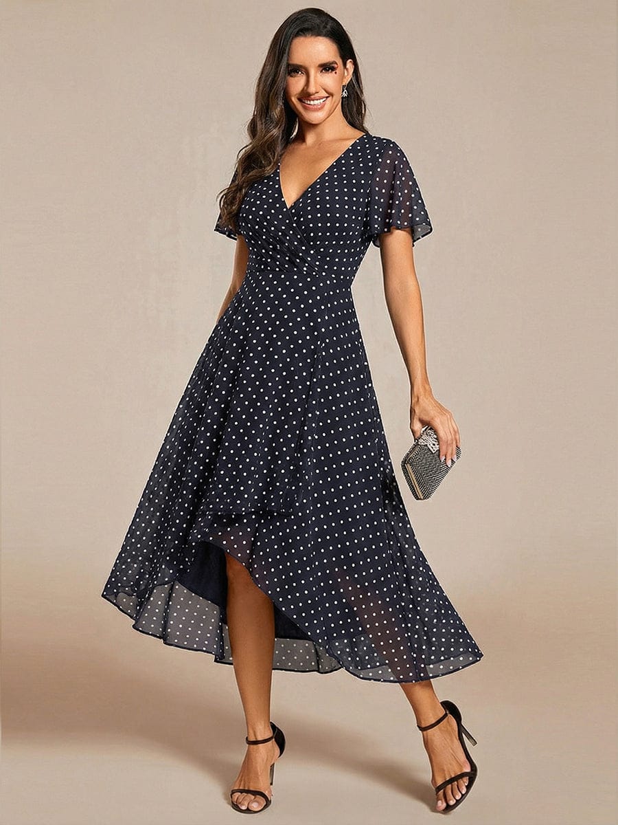 Floral Chiffon Elegance Short Sleeve High-Low Wedding Guest Dress #color_Navy Blue Polka Dots