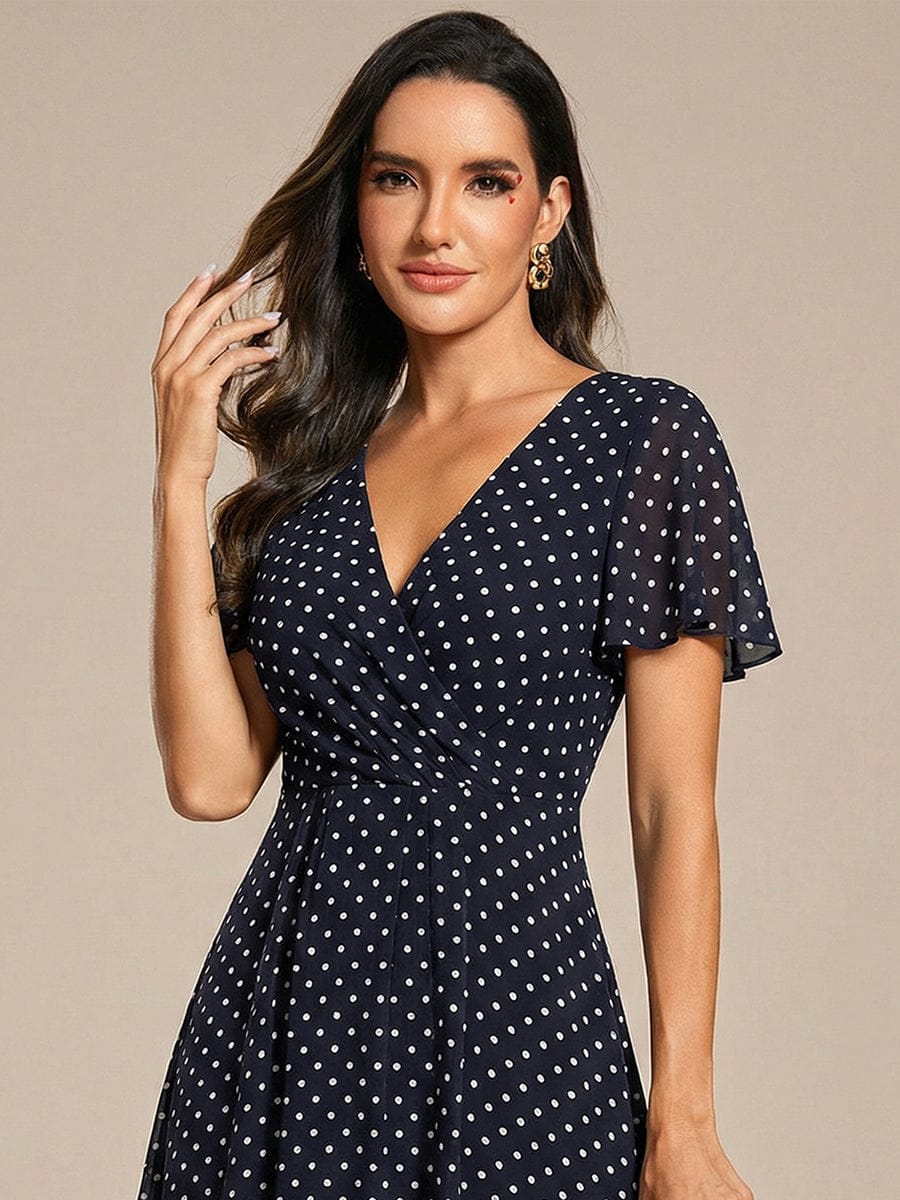 Floral Chiffon Elegance Short Sleeve High-Low Wedding Guest Dress #color_Navy Blue Polka Dots