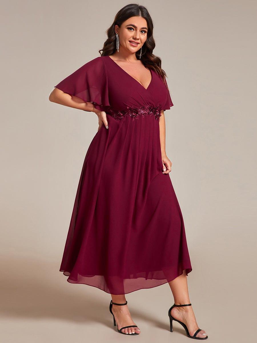 V-Neck Chiffon Evening Dress with Waist Applique #color_Burgundy