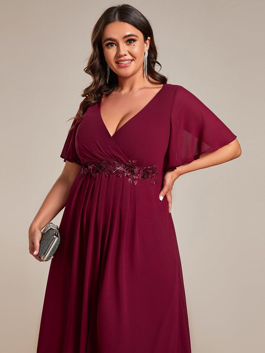V-Neck Chiffon Evening Dress with Waist Applique #color_Burgundy