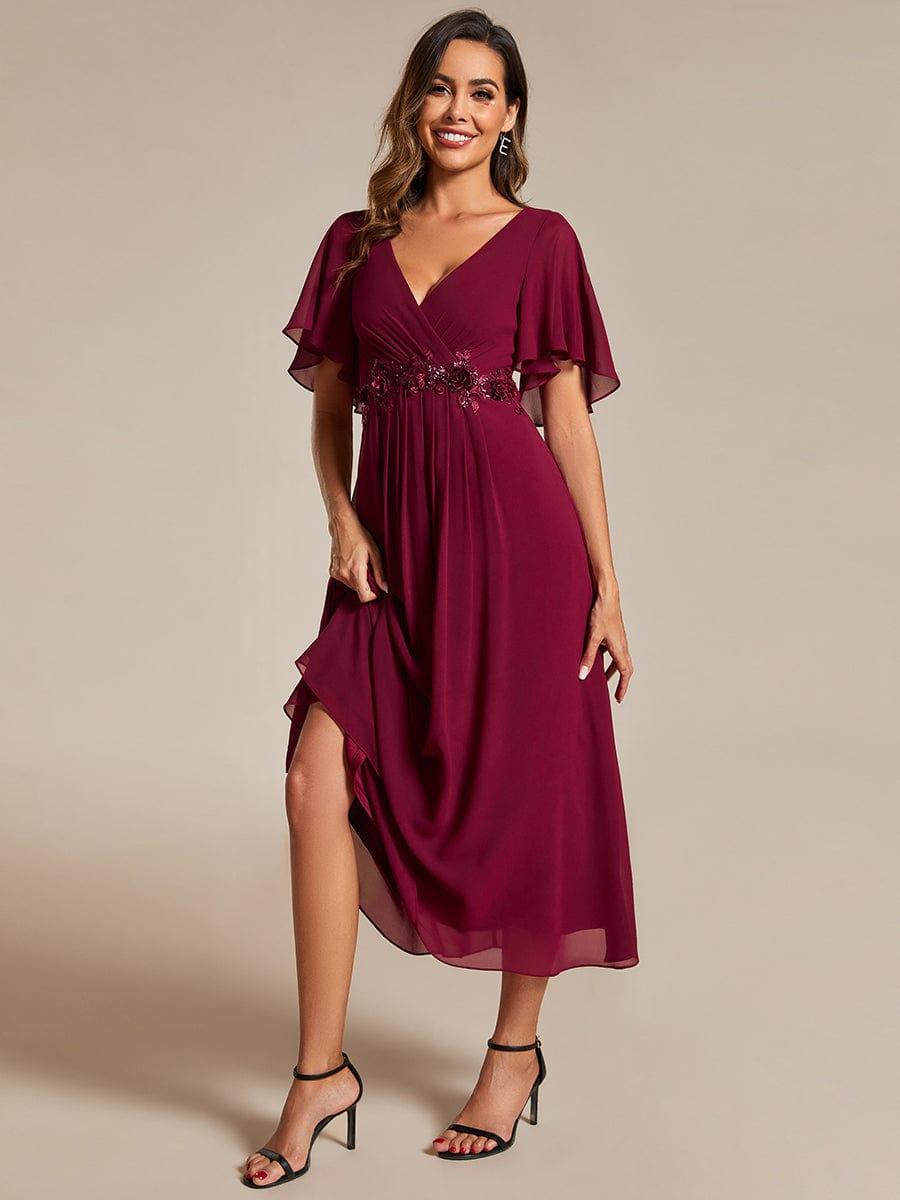 V-Neck Chiffon Evening Dress with Waist Applique #color_Burgundy
