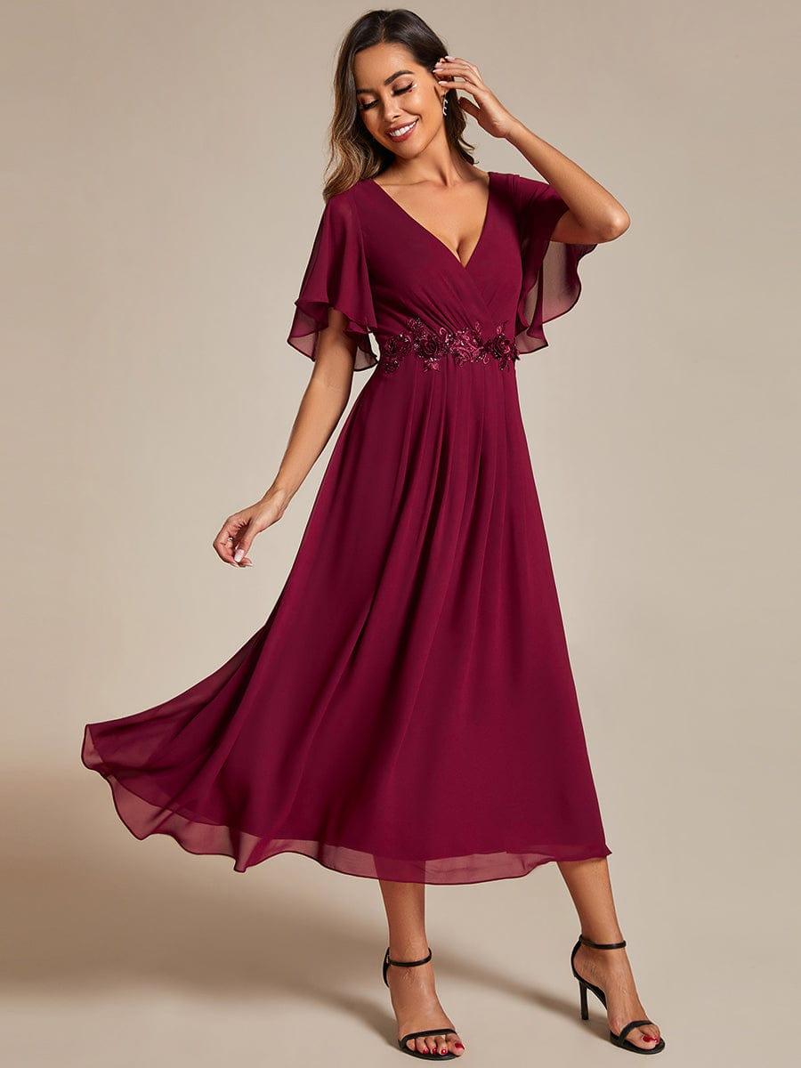 V-Neck Chiffon Evening Dress with Waist Applique #color_Burgundy