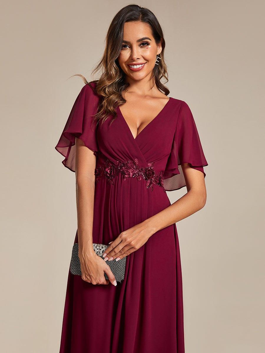 V-Neck Chiffon Evening Dress with Waist Applique #color_Burgundy