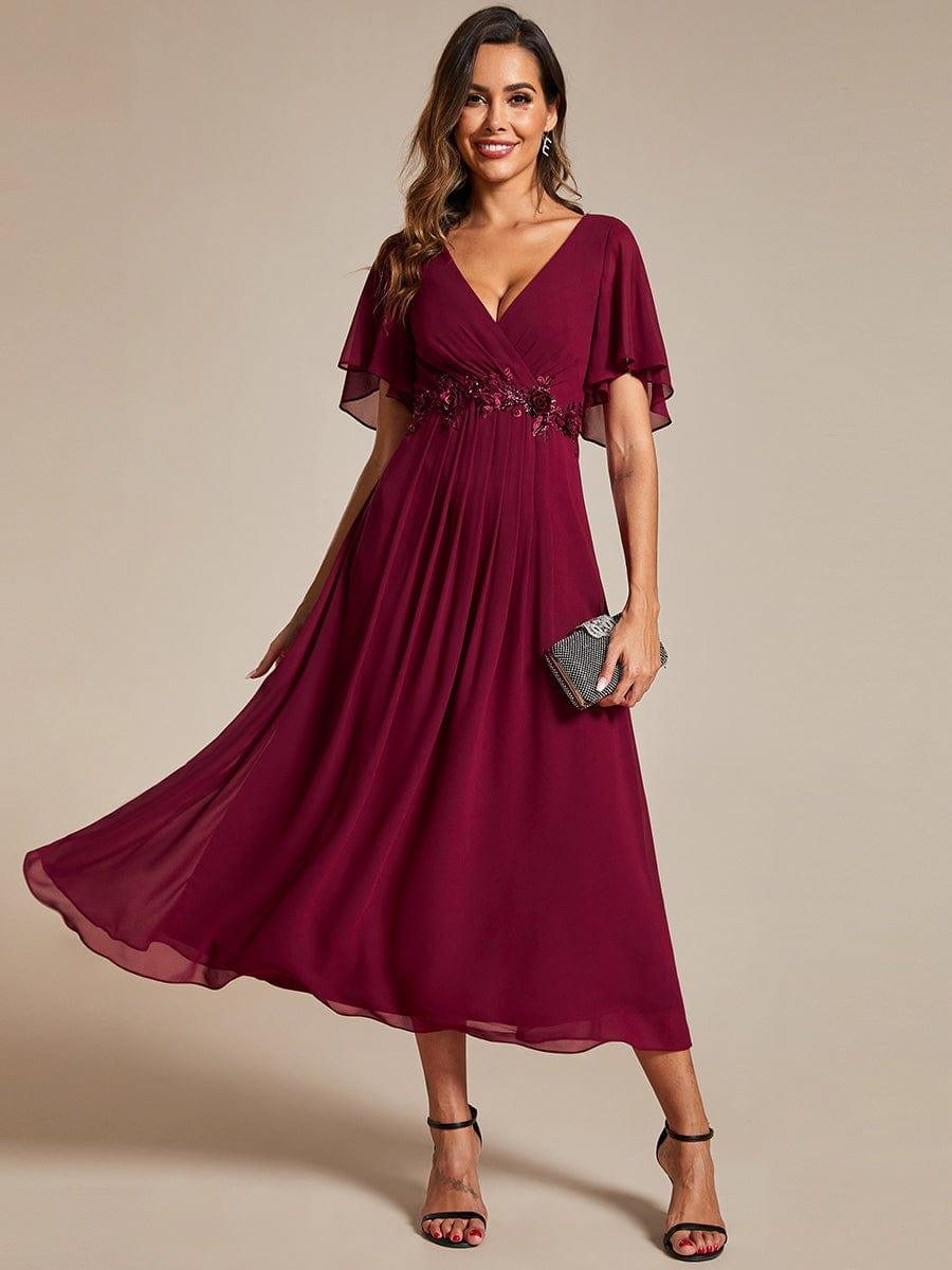 V-Neck Chiffon Evening Dress with Waist Applique #color_Burgundy