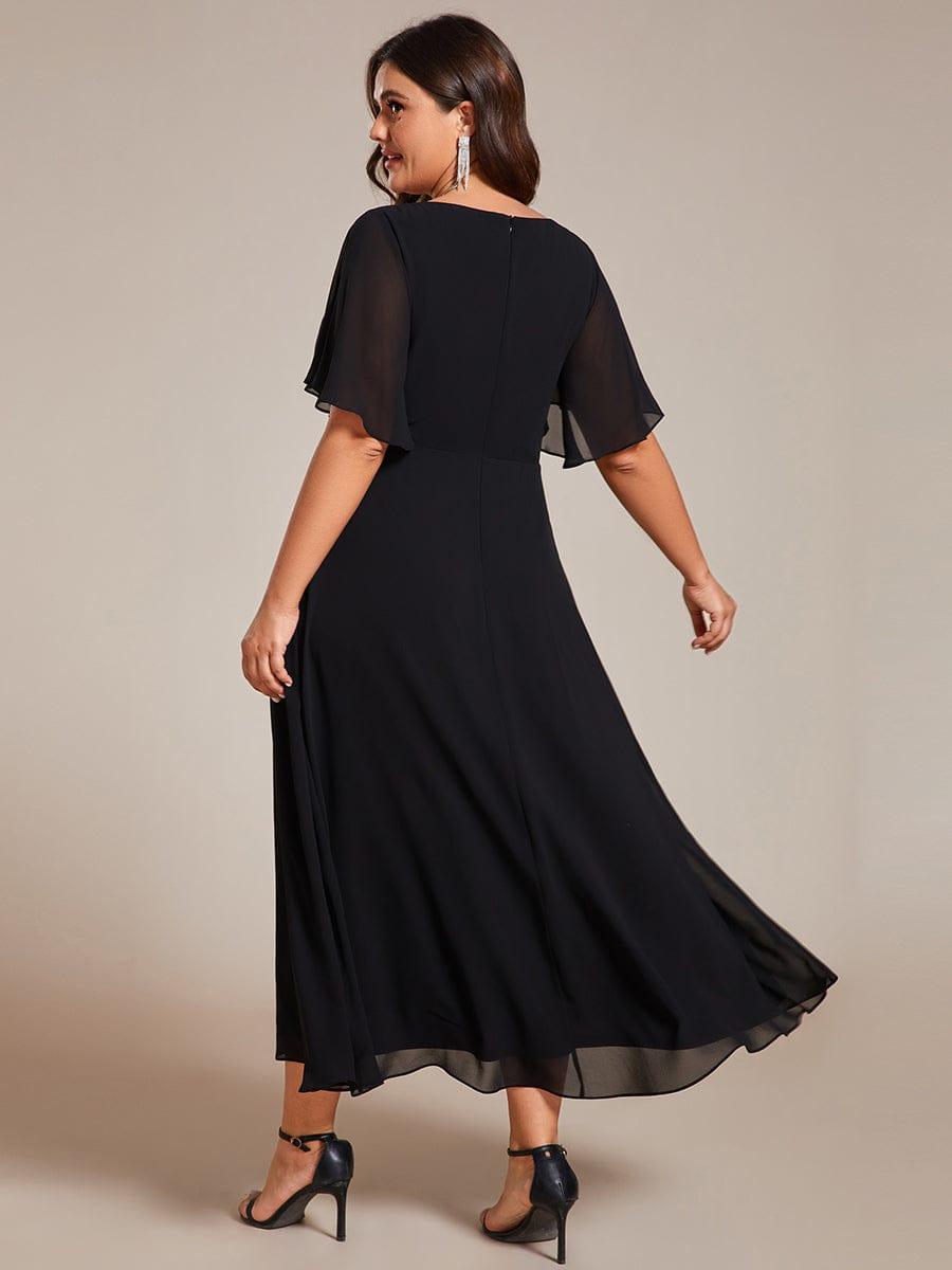 V-Neck Chiffon Evening Dress with Waist Applique #color_Black