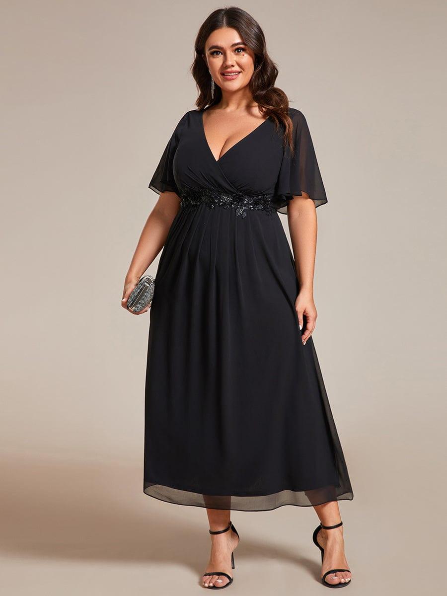 V-Neck Chiffon Evening Dress with Waist Applique #color_Black