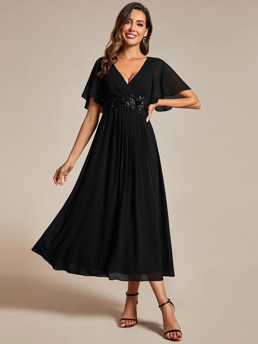 V-Neck Chiffon Evening Dress with Waist Applique #color_Black