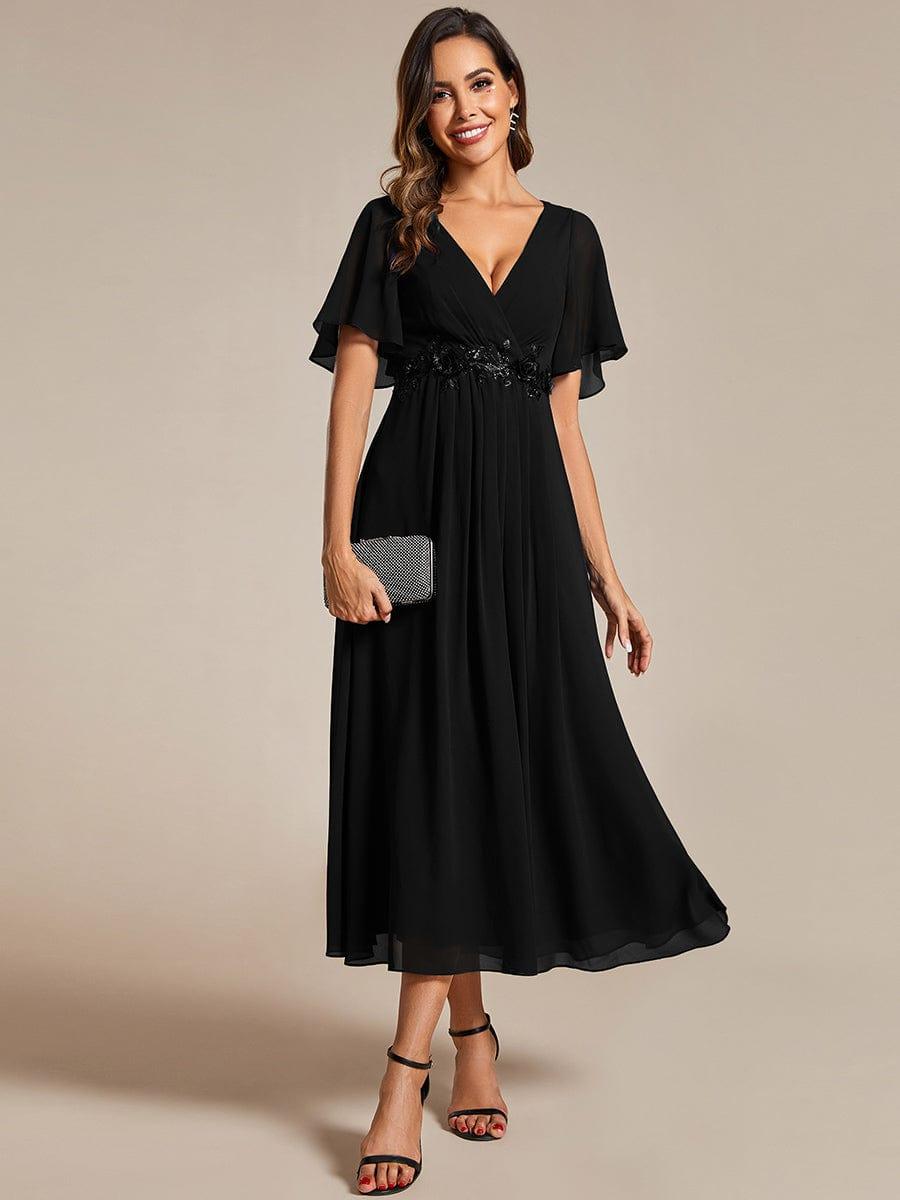 V-Neck Chiffon Evening Dress with Waist Applique #color_Black