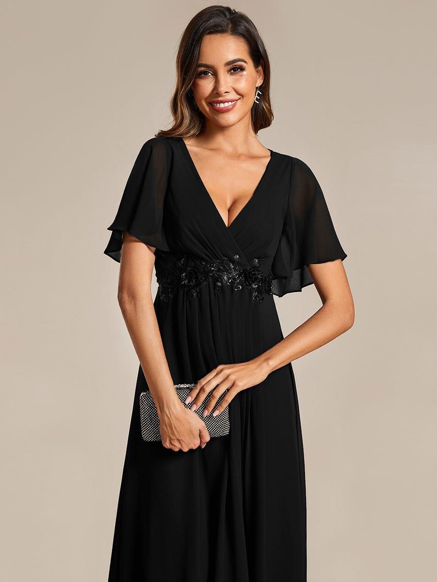 V-Neck Chiffon Evening Dress with Waist Applique #color_Black