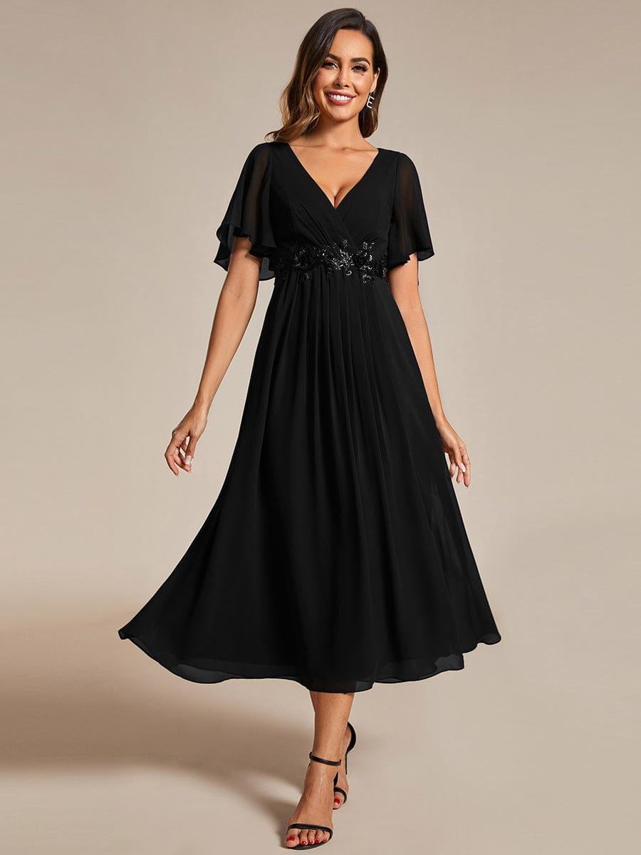 V-Neck Chiffon Evening Dress with Waist Applique #color_Black
