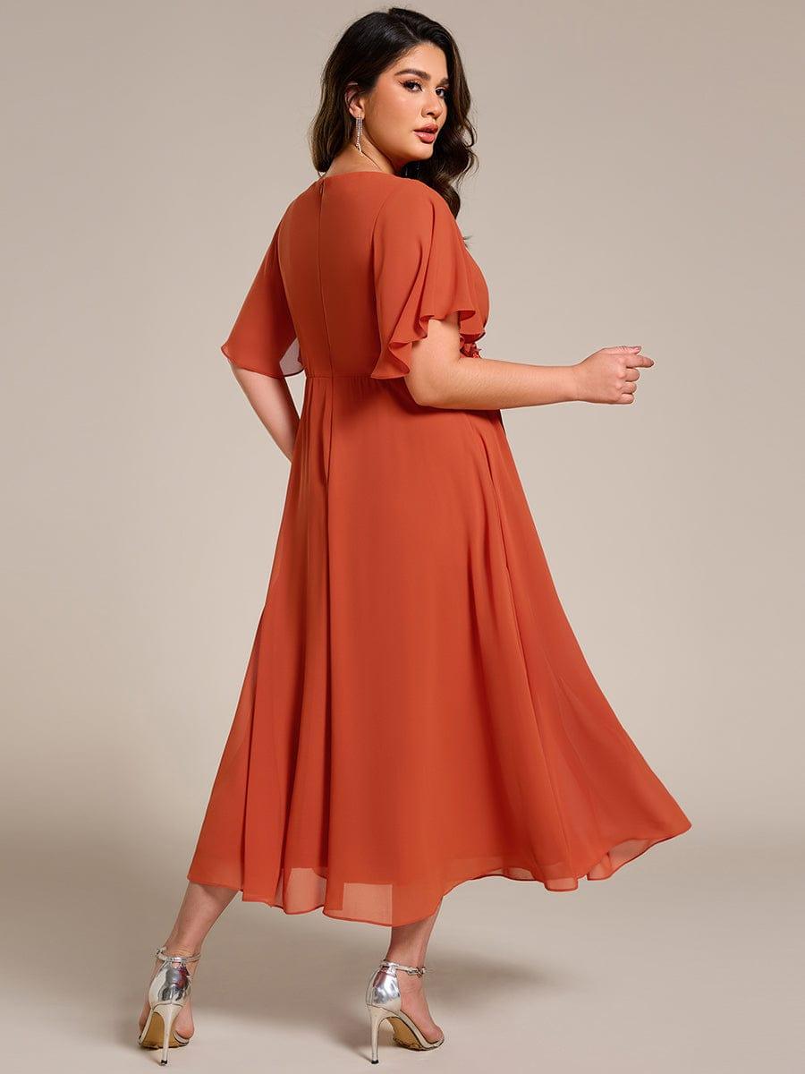 V-Neck Chiffon Evening Dress with Waist Applique #color_Burnt Orange