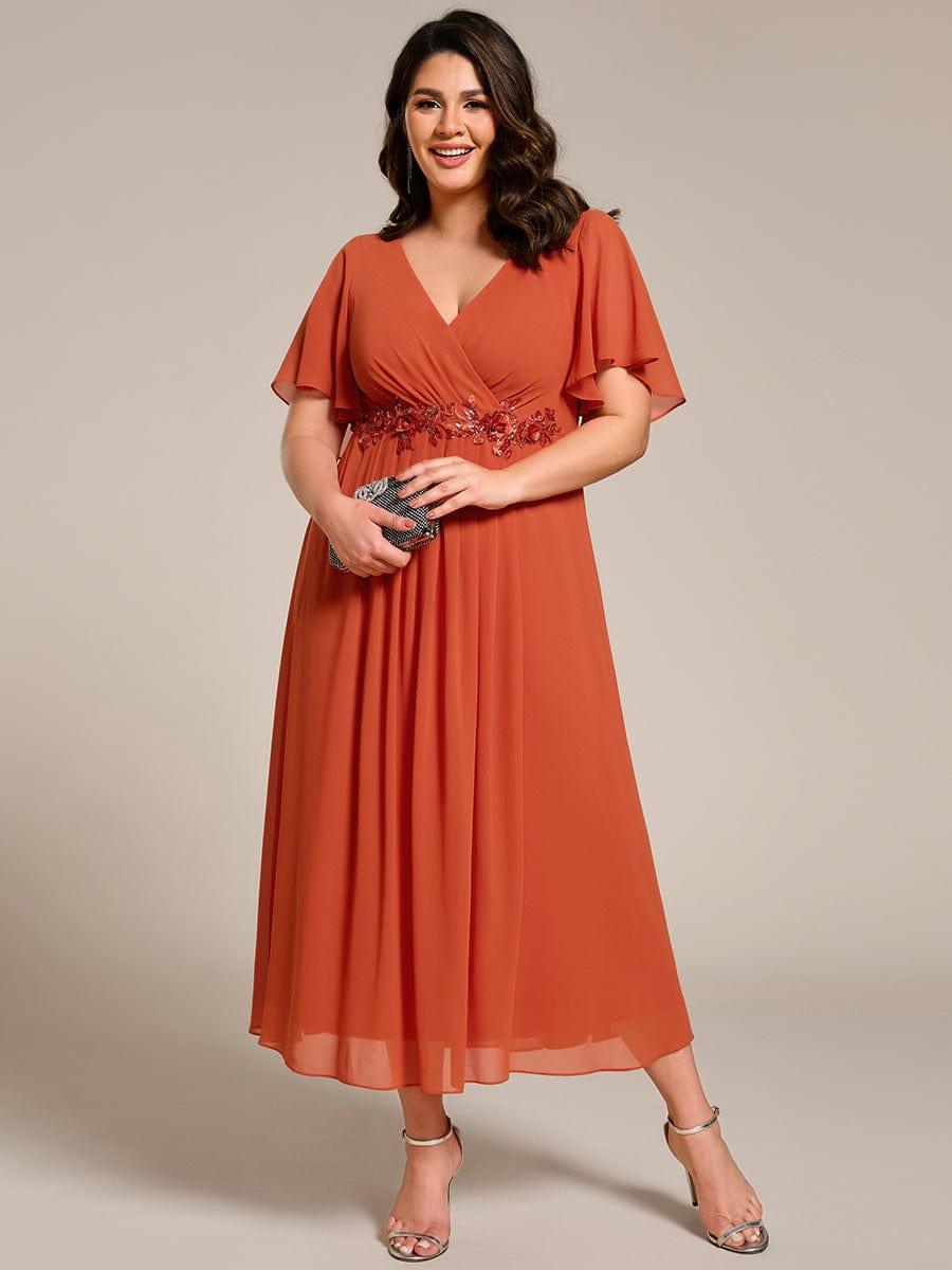 V-Neck Chiffon Evening Dress with Waist Applique #color_Burnt Orange